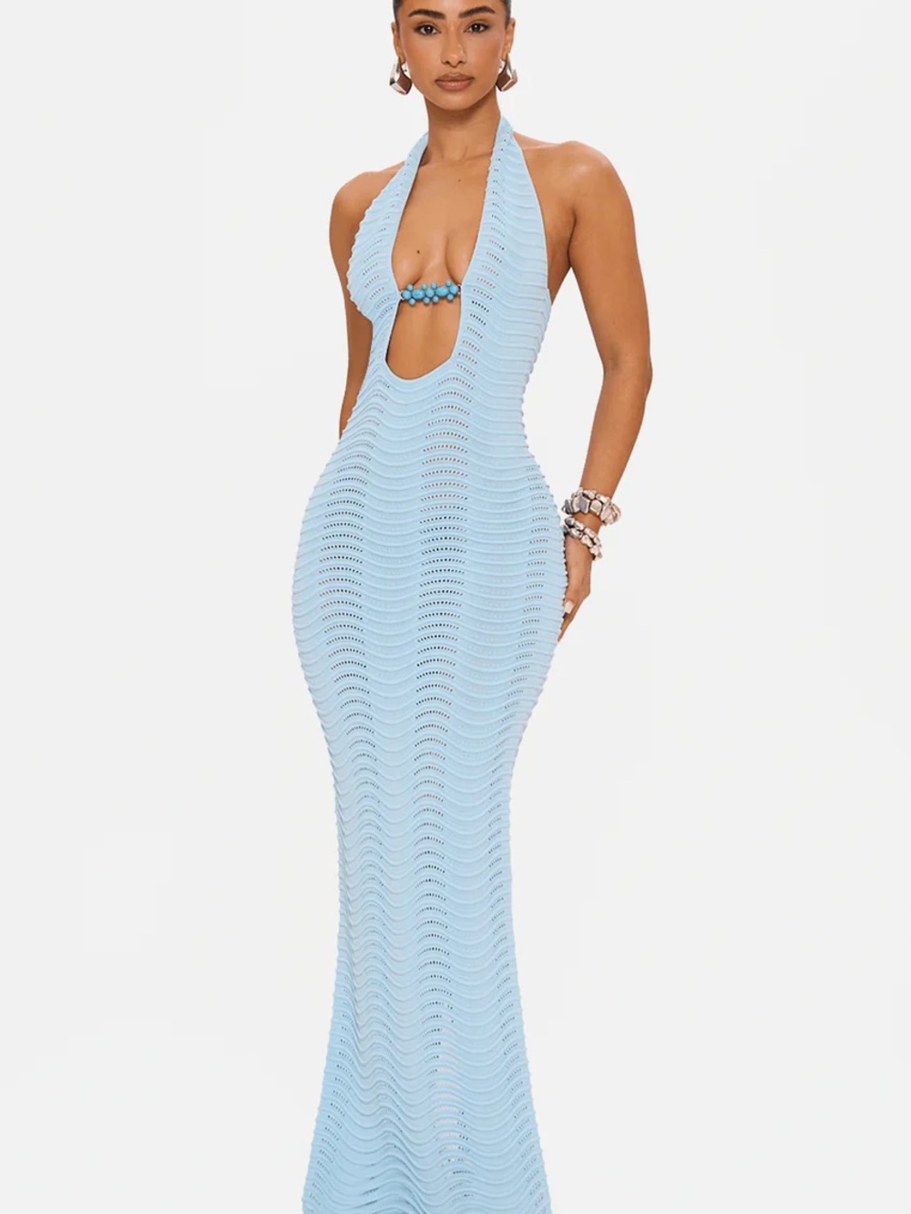 Halter Neck Light Blue Maxi Dress with Cutout Detail